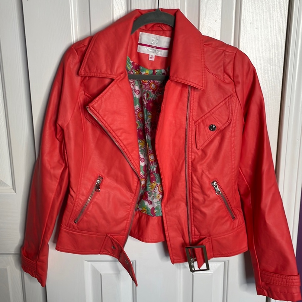 Dollhouse coral / salmon vegan leather jacket.